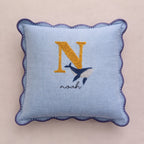 Light blue pillow with embroidered letter, whale, and name - personalised baby / toddler gift.