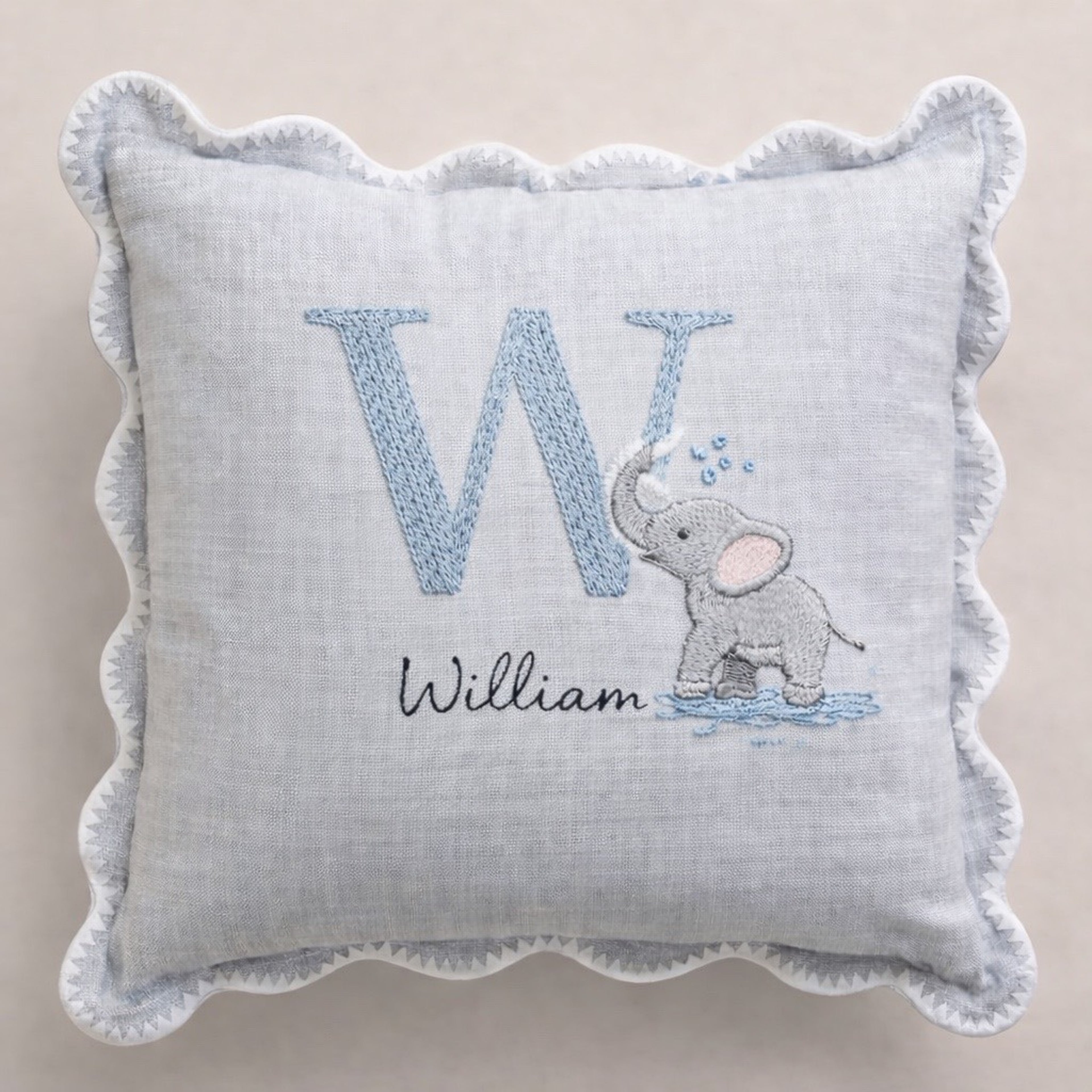 Decorative pillow with embroidered elephant and a letter and name  -  personalised baby / toddler gift.