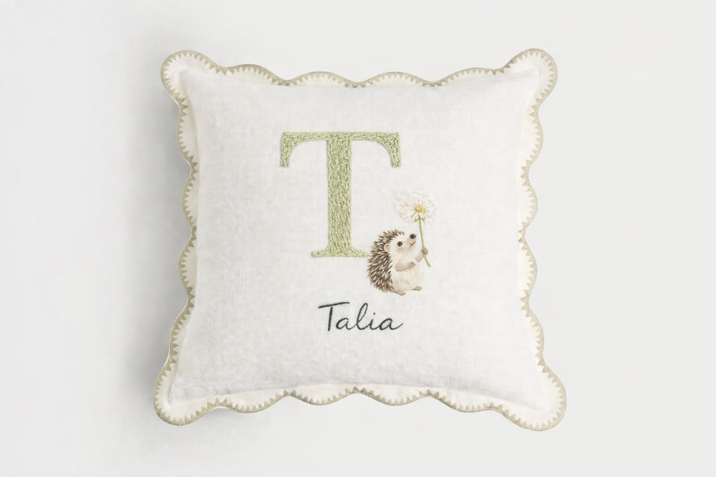 Decorative pillow with a hedgehog illustration and a name and letter  -  personalised baby / toddler gift.