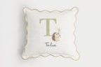 Decorative pillow with a hedgehog illustration and a name and letter  -  personalised baby / toddler gift.