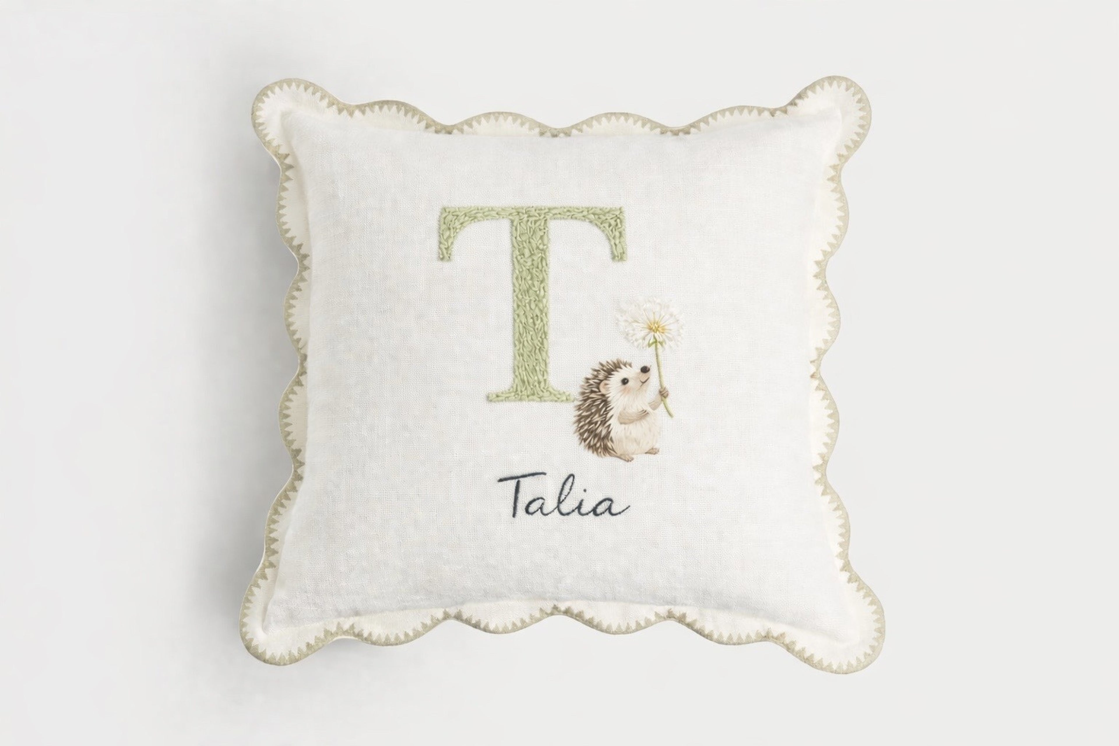 Decorative pillow with a hedgehog illustration and a name and letter  -  personalised baby / toddler gift.