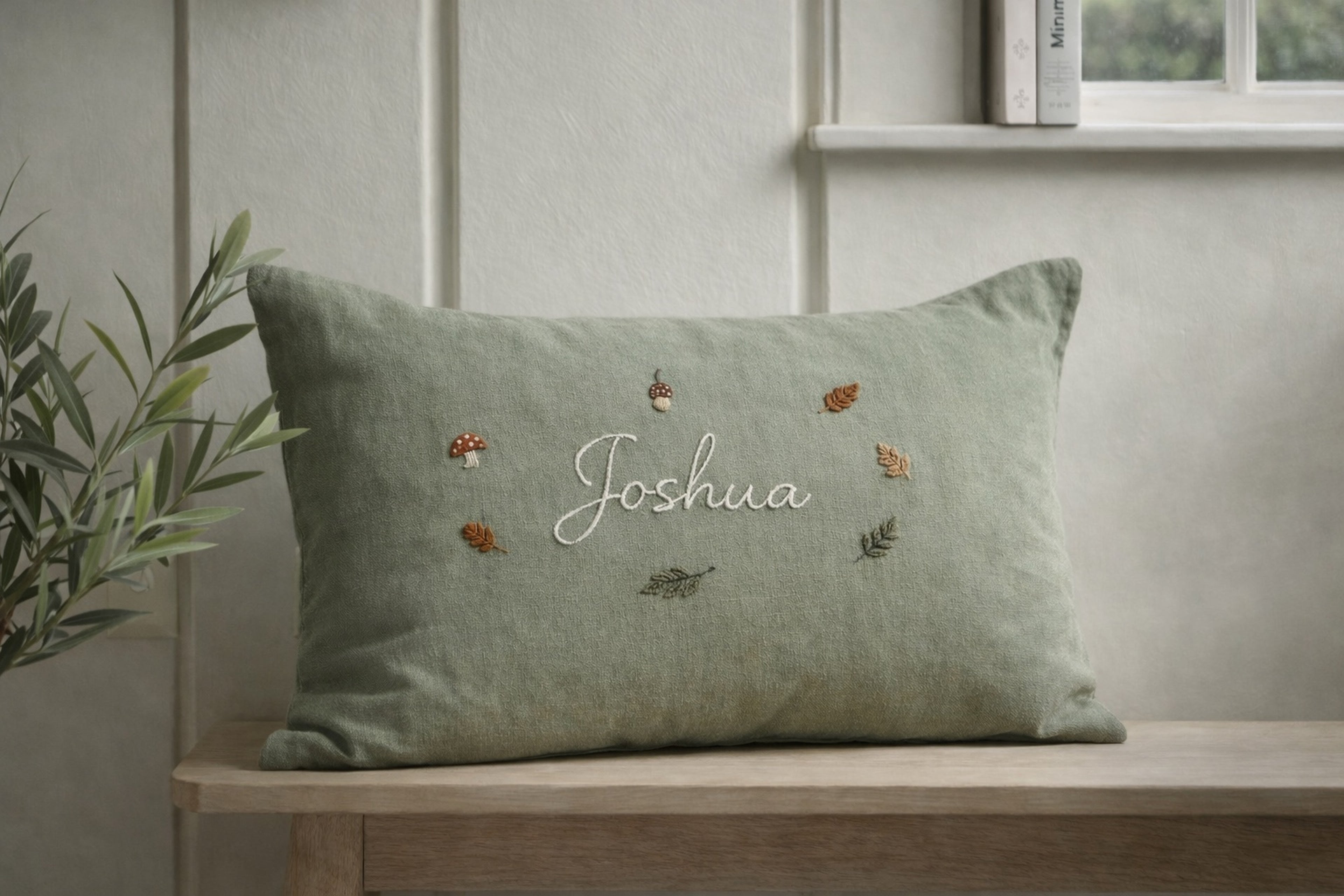 Green pillow with embroidered name and decorative elements on a wooden bench - personalised baby / toddler gift.