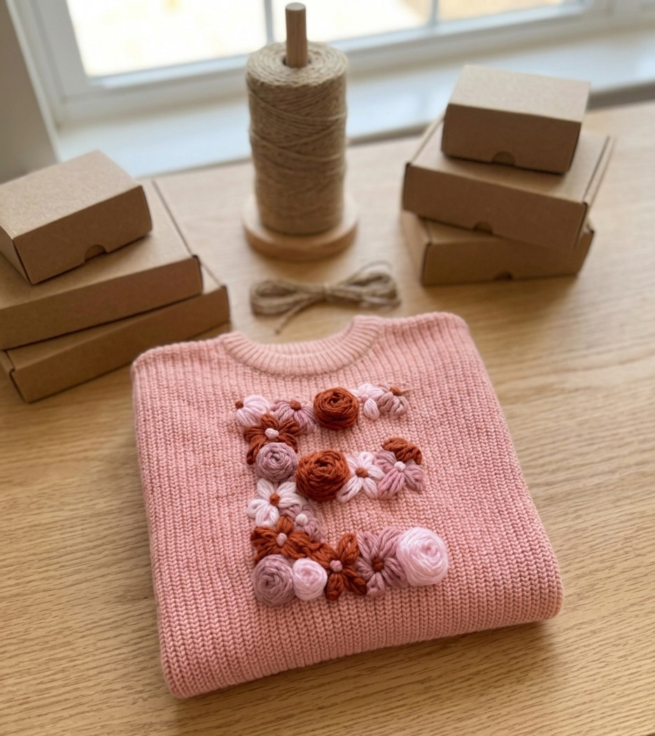 Pink sweater with floral embellishments on a wooden surface