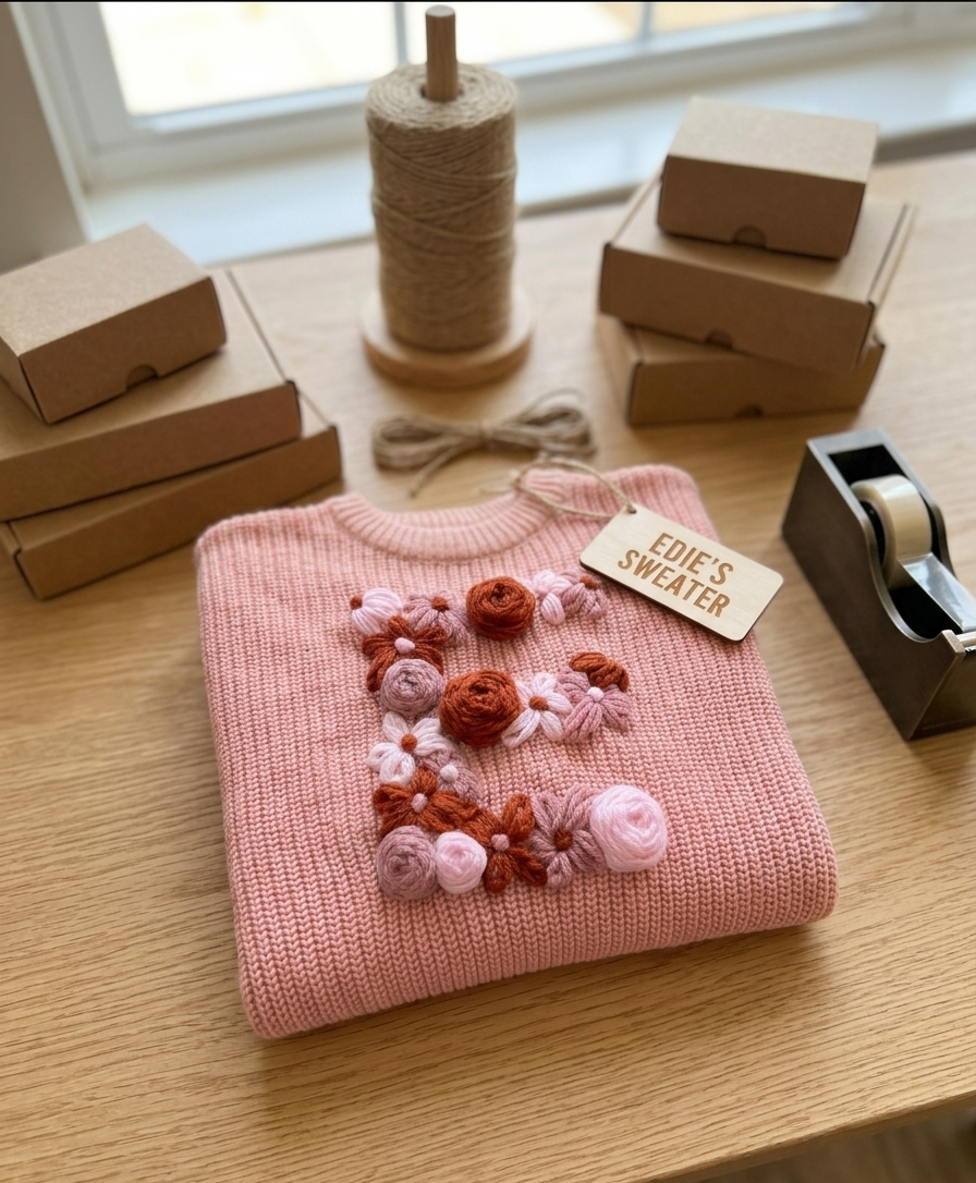 Pink sweater with floral decorations on a wooden surface, surrounded by cardboard boxes and twine  -  personalised baby / toddler gift.