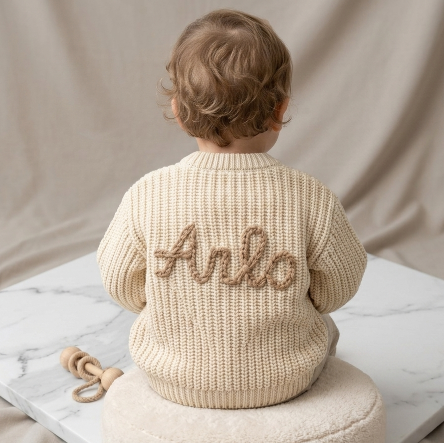 Child wearing a beige knit sweater with name on the back, sitting on a white surface  -  personalised baby / toddler gift.