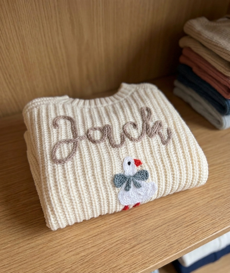 Folded beige knitted blanket with embroidered name and bird design on a wooden surface  -  personalised baby / toddler gift.
