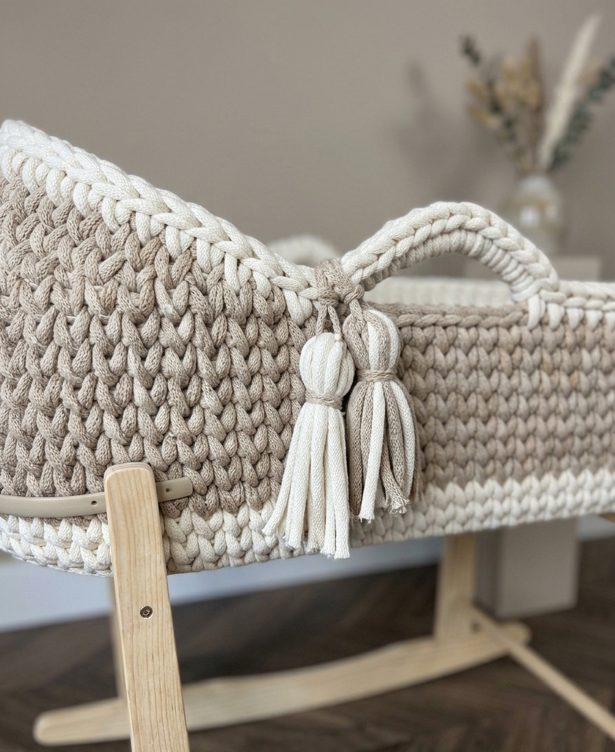 Beige woven basket with tassels on a wooden stand against a neutral background.