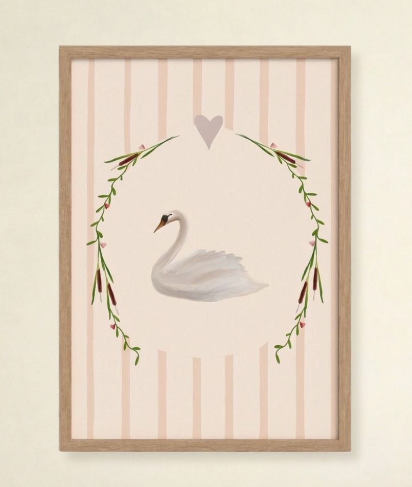 Framed artwork with a swan and decorative elements on a striped background.