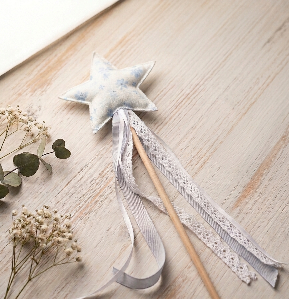Star-shaped toy with a lace ribbon on a wooden surface with dried flowers.
