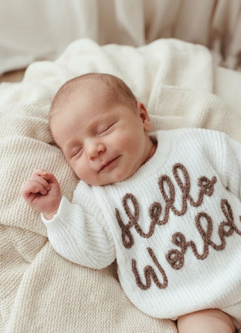 Newborn baby wearing a 'Hello World' outfit on a soft beige blanket.