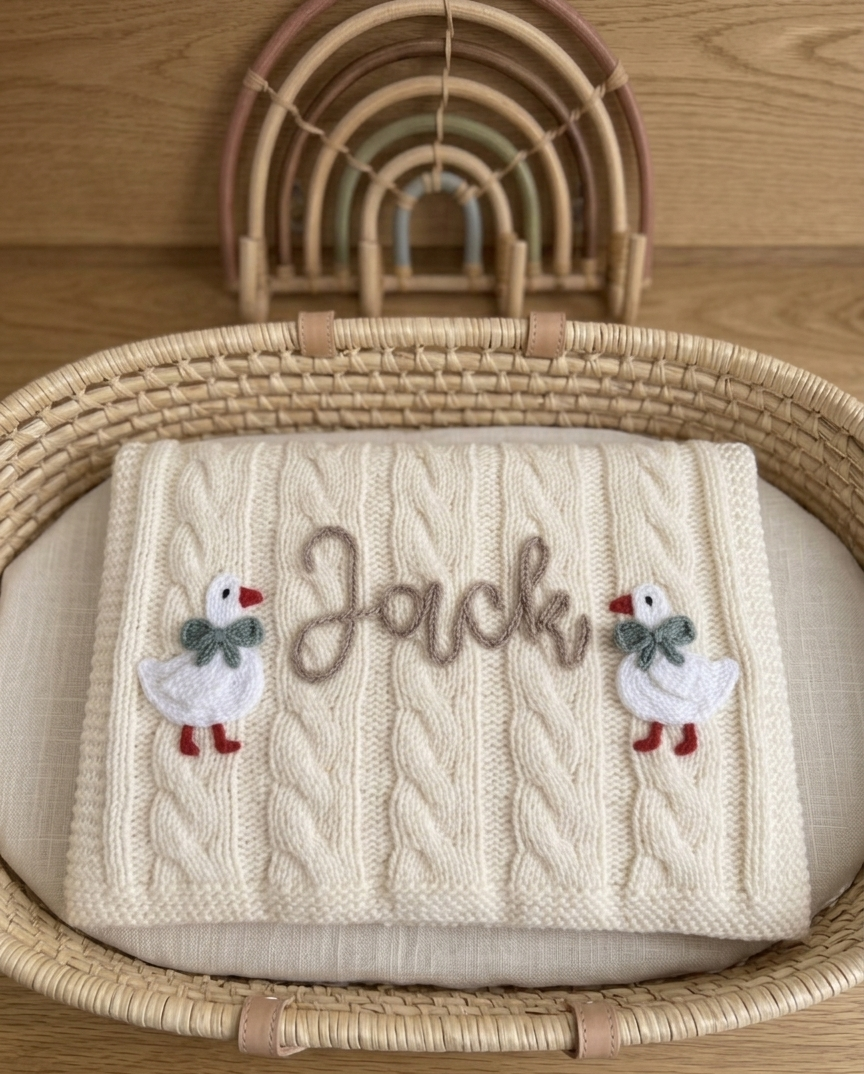 Baby blanket with embroidered name and duck designs in a wicker basket on a wooden floor  -  personalised baby / toddler gift.