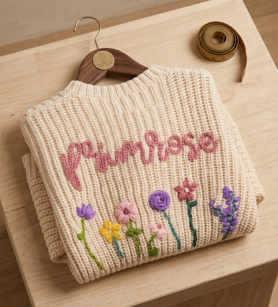 Folded beige sweater with embroidered flowers and  text on a wooden surface  -  personalised baby / toddler gift.