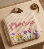 Folded beige sweater with embroidered flowers and  text on a wooden surface  -  personalised baby / toddler gift.