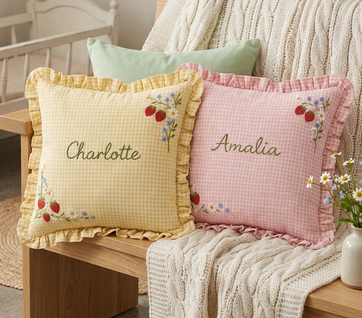 Two decorative pillows with embroidered names on a wooden bench  -  personalised baby / toddler gift.