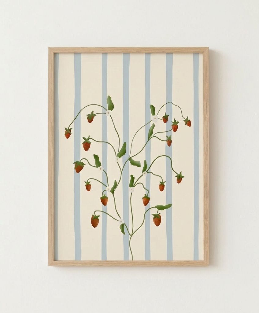 Framed artwork of a strawberry plant on a striped background.