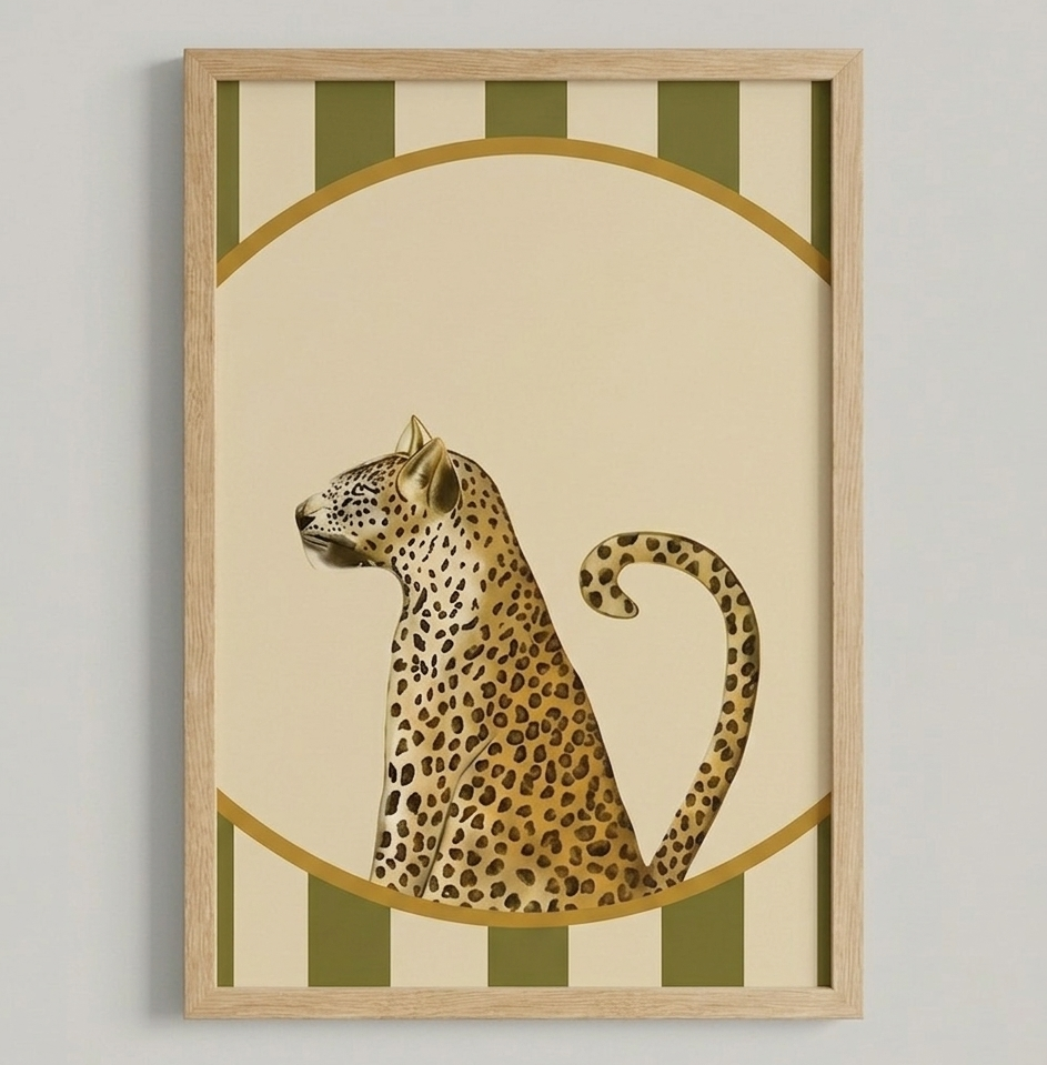 Framed artwork of a leopard on a striped background.