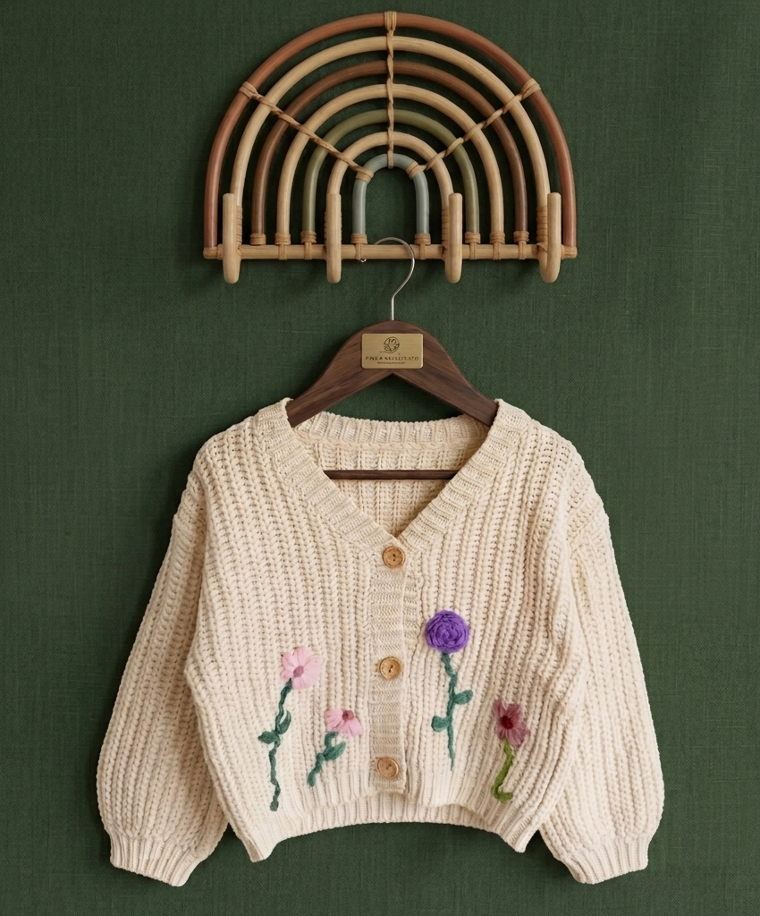 Knitted cardigan with floral embroidery on a wooden hanger against a green wall  -  personalised baby / toddler gift.