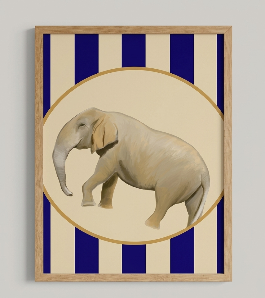 Framed artwork of an elephant on a striped background.