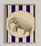 Framed artwork of an elephant on a striped background.