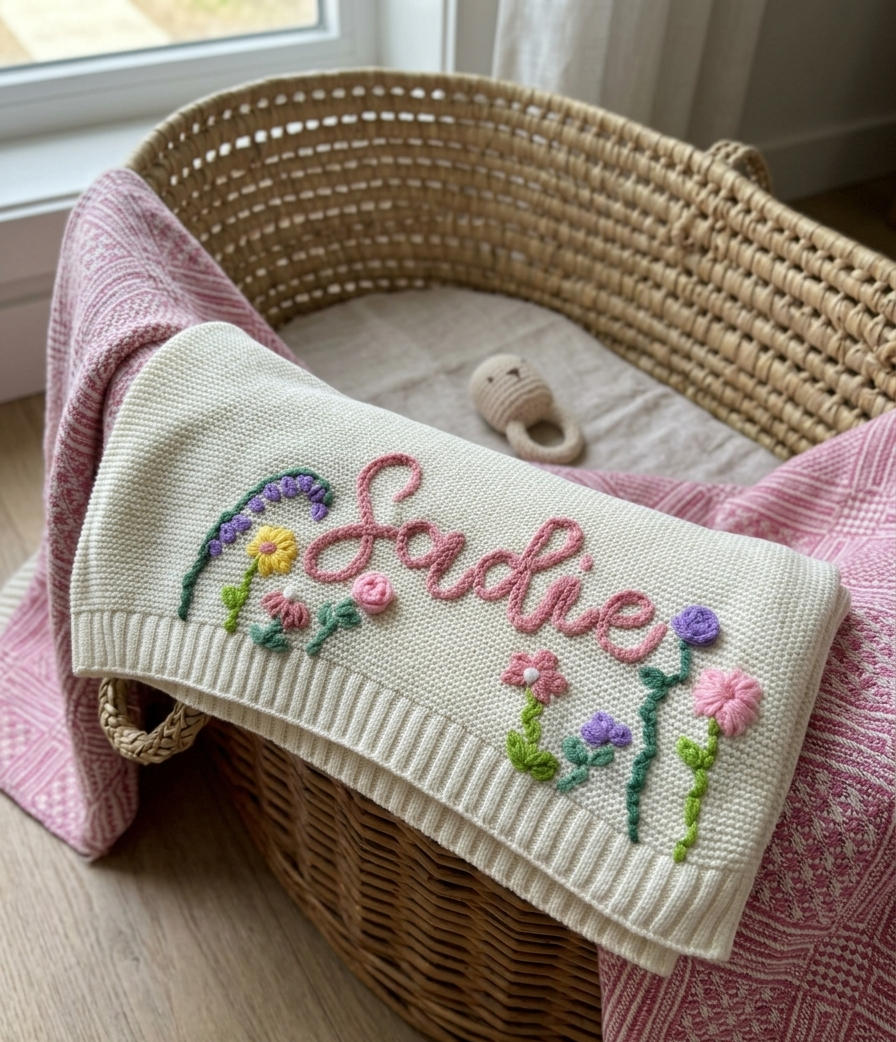 Blanket with embroidered name and floral designs in a wicker crib -  personalised baby / toddler gift.