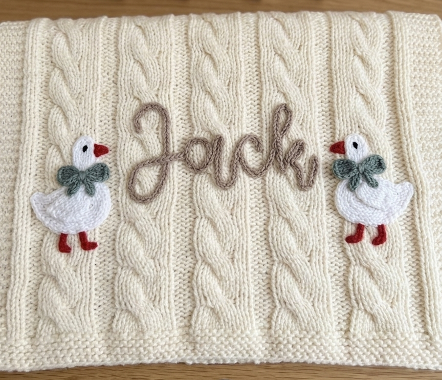 Knitted blanket with name embroidered and two appliqué ducks on a wooden surface  -  personalised baby / toddler gift.