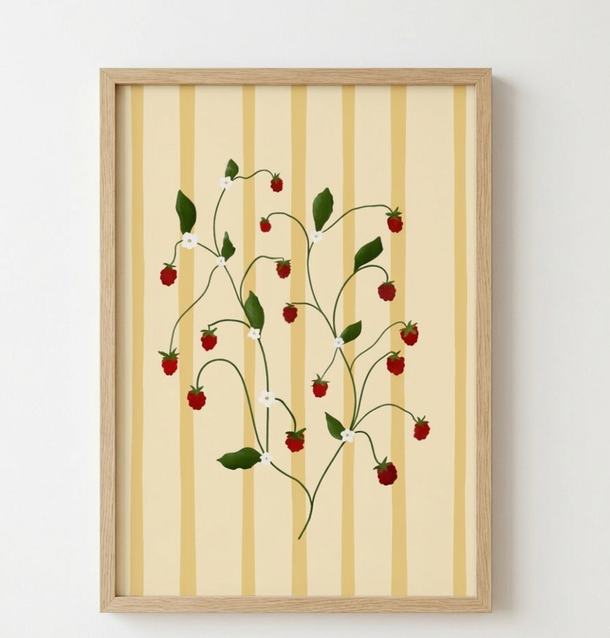 Framed artwork of a strawberry plant on a striped background.