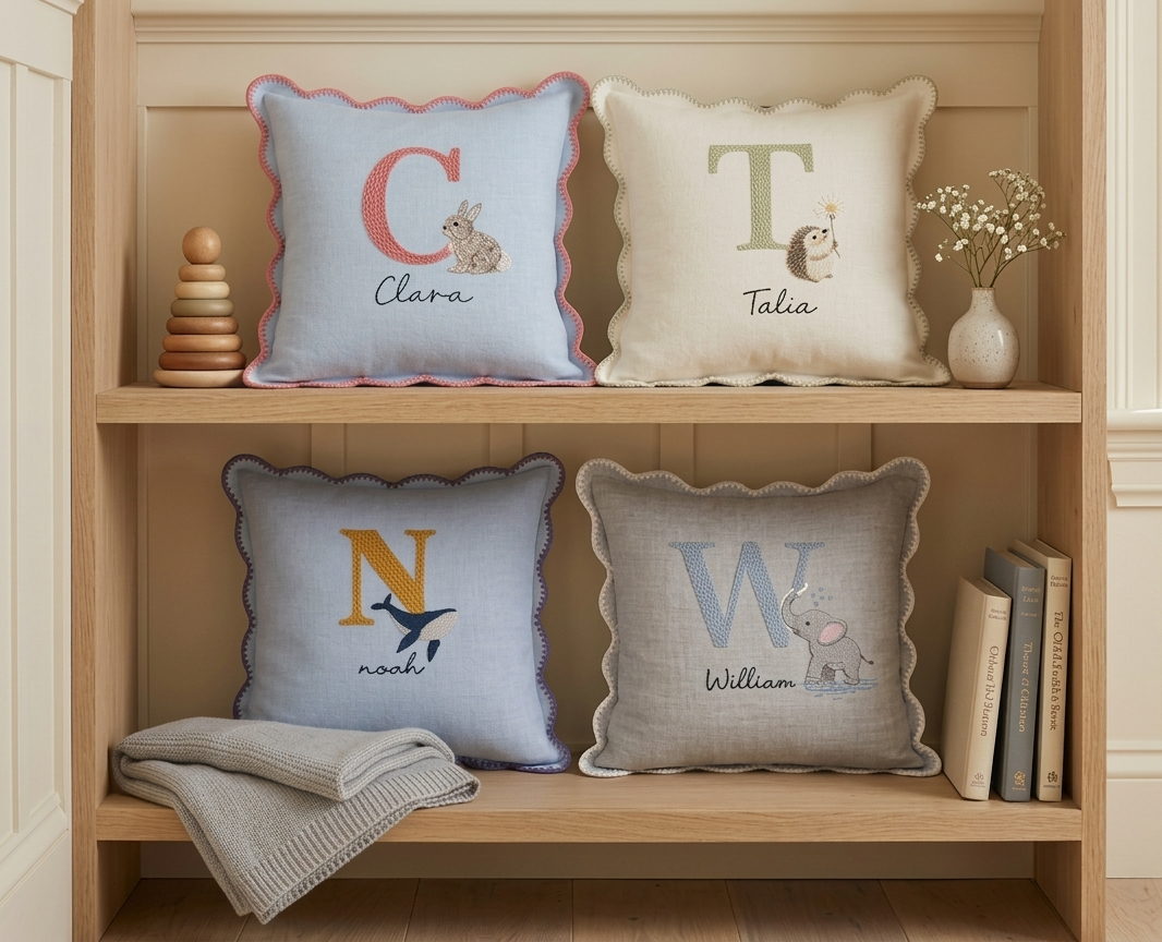 Personalised pillows with names on a wooden shelf - personalised baby / toddler gift.