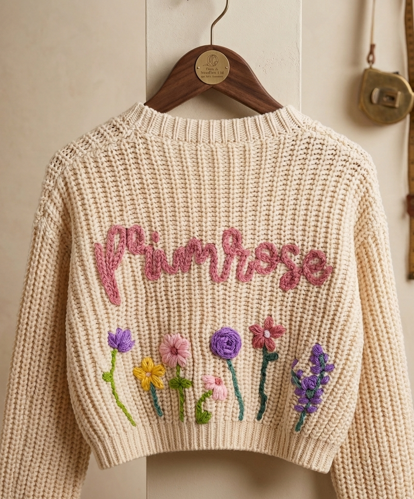 Knitted sweater with embroidered name and flowers on a wooden hanger  -  personalised baby / toddler gift.