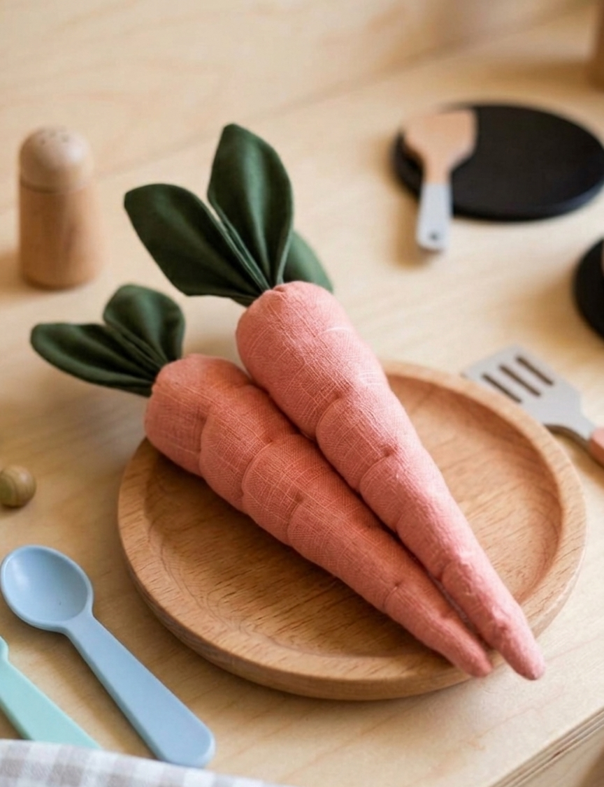 Knitted toy carrots on a wooden plate with utensils in the background.