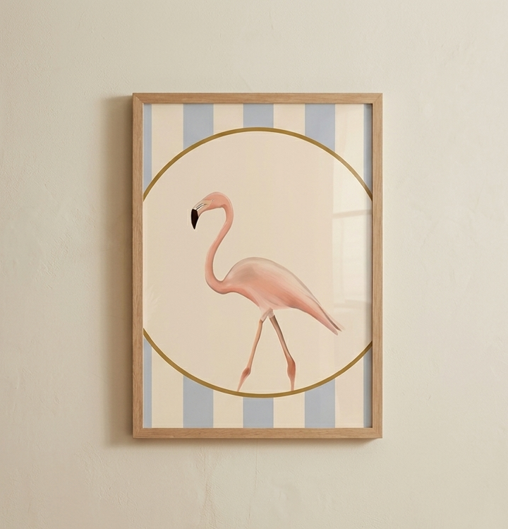 Framed artwork of a pink flamingo on a striped background.
