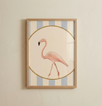 Framed artwork of a pink flamingo on a striped background.