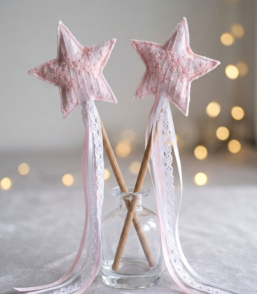 Star-shaped wands with lace detailing in a glass holder against a softly blurred background with lights.