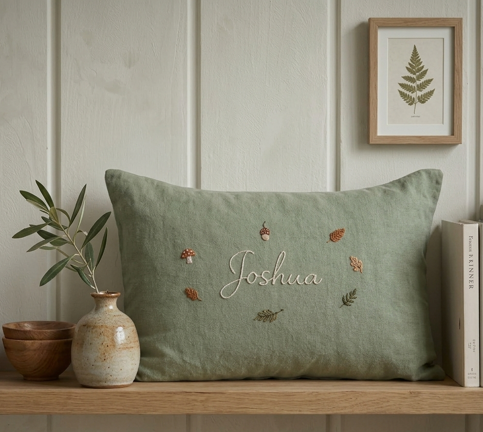 Green pillow with embroidered name  on a wooden shelf with decorative items - personalised baby / toddler gift.