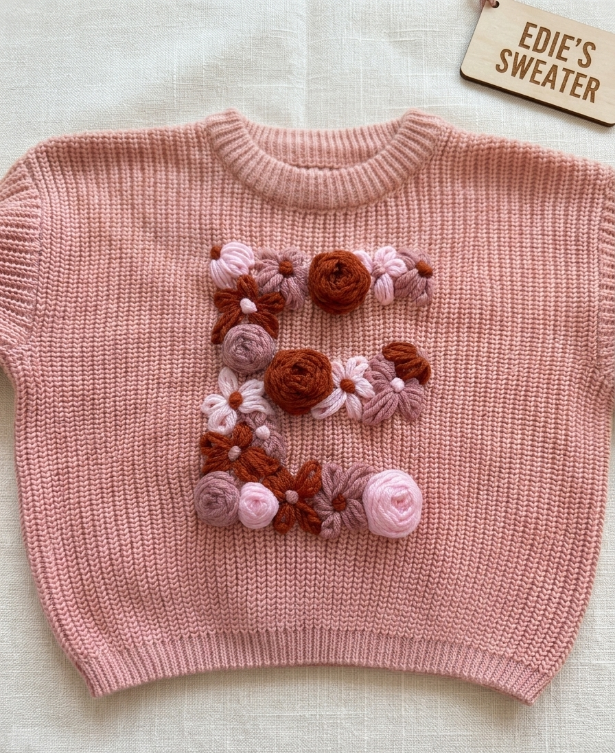 Pink sweater with yarn flowers on a light background  -  personalised baby / toddler gift.