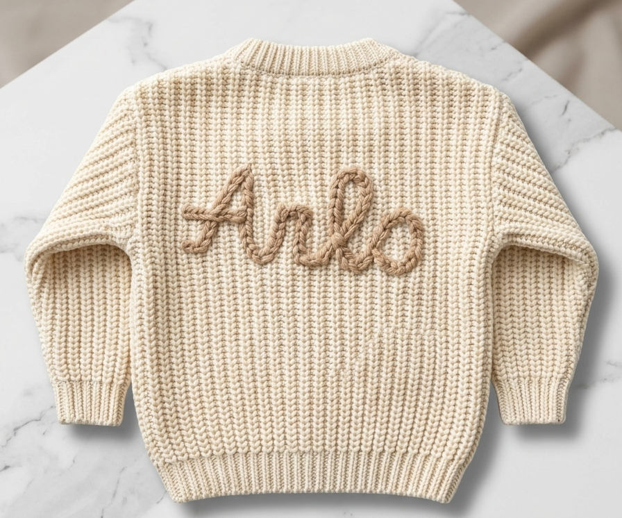 Beige knitted sweater with a name embroidered on the back, placed on a marble surface  -  personalised baby / toddler gift.