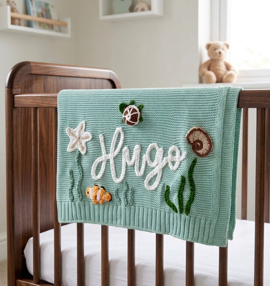Under the sea, hand knotted blanket with name -  personalised baby / toddler gift.