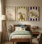 Children's bedroom with animal-themed wall art and furniture.