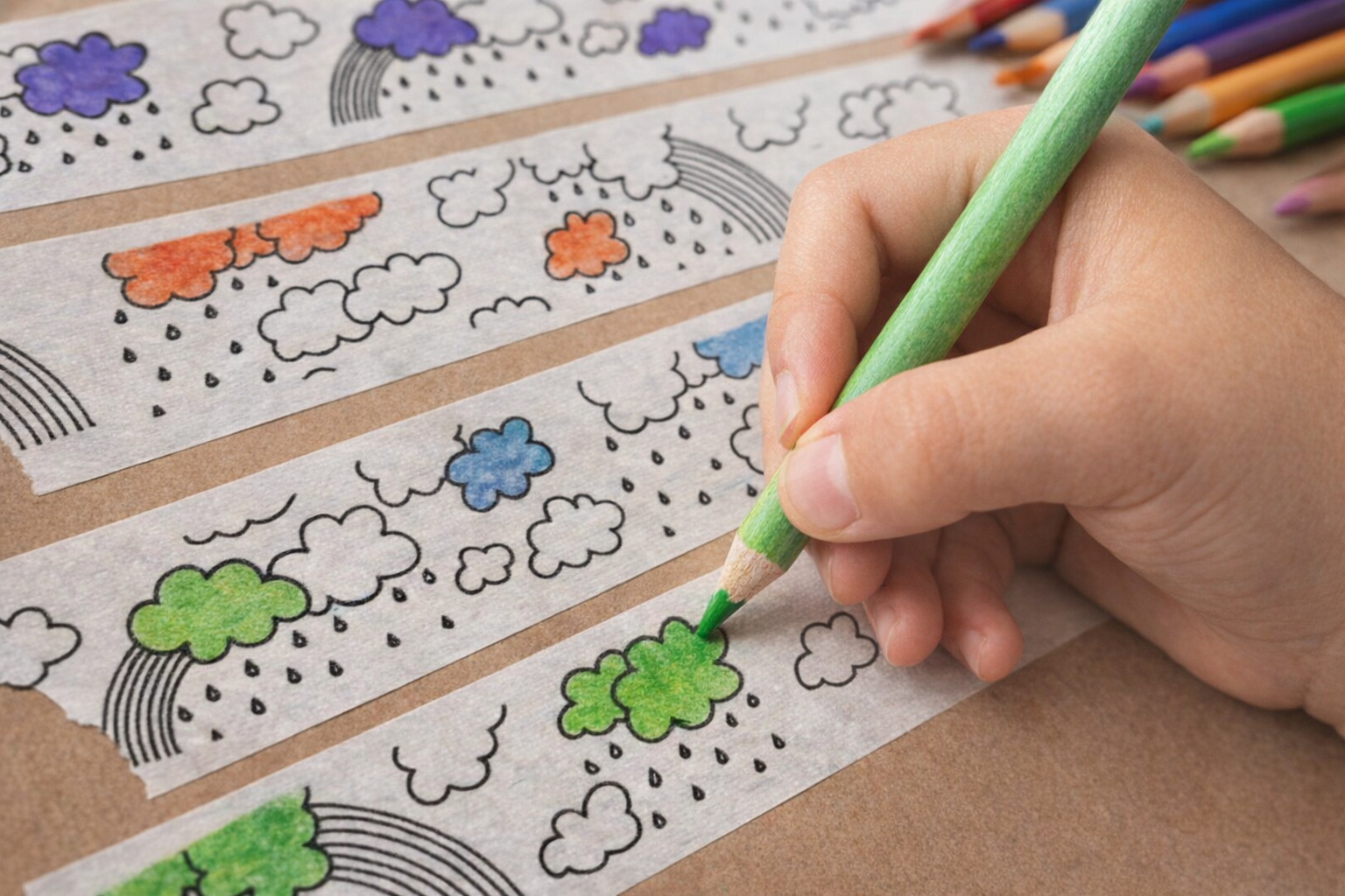 Colouring in rainbow and clouds tape