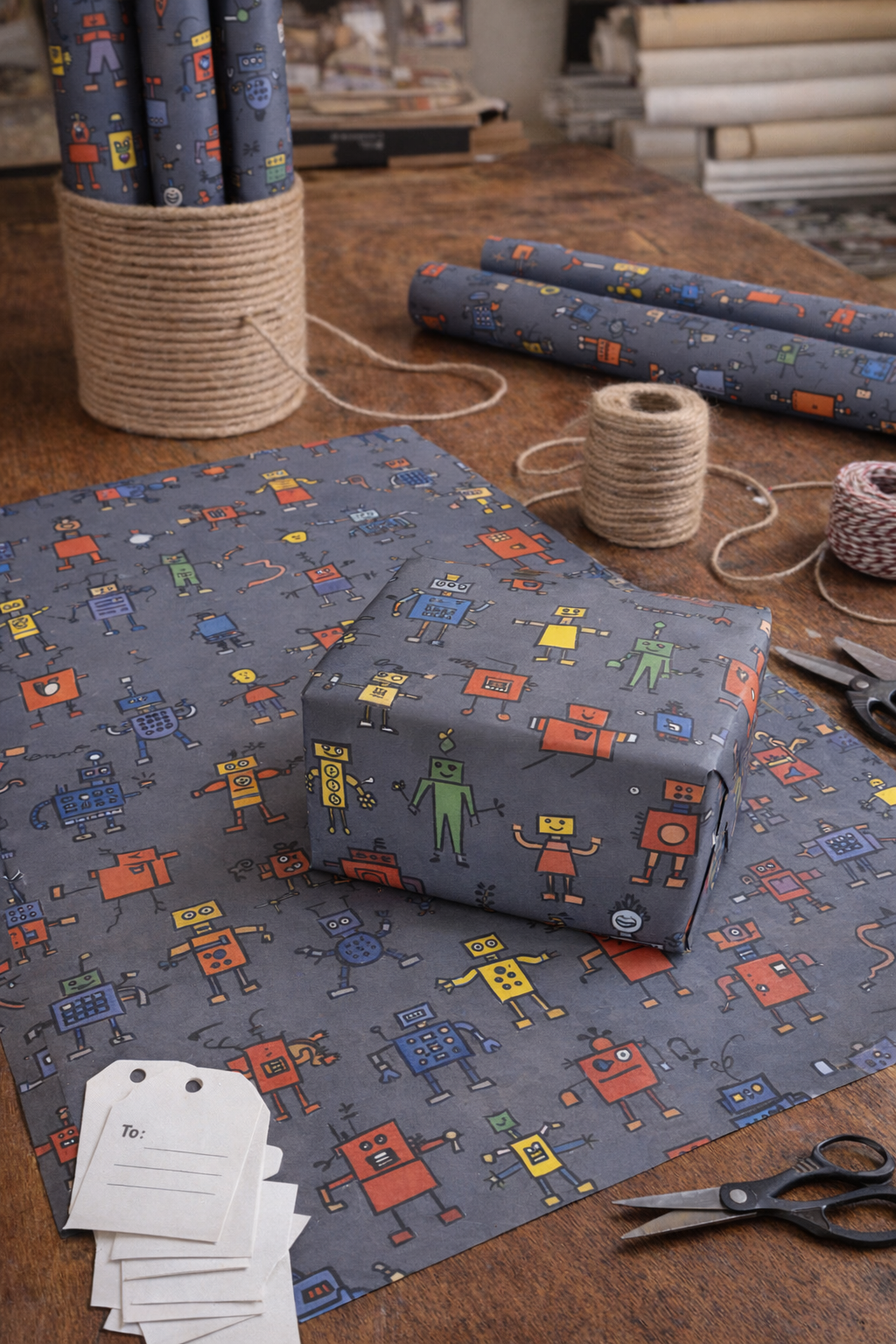 Wrapping paper with robot pattern on a table with scissors and tags