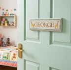 Light green door with a nameplate reading 'GEORGE' in a child's room.