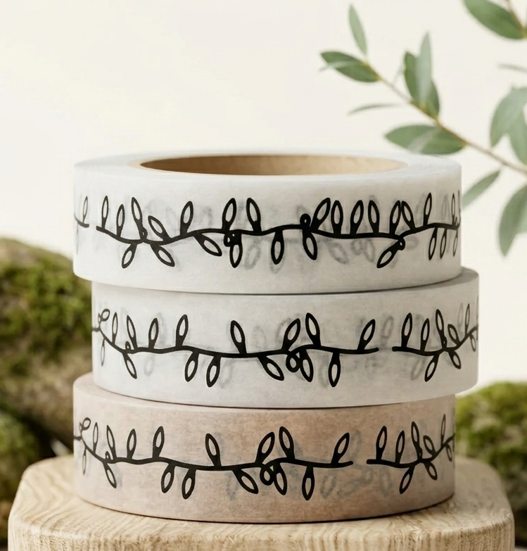 Three rolls of washi tape with black leaf patterns on a wooden block with a natural background.
