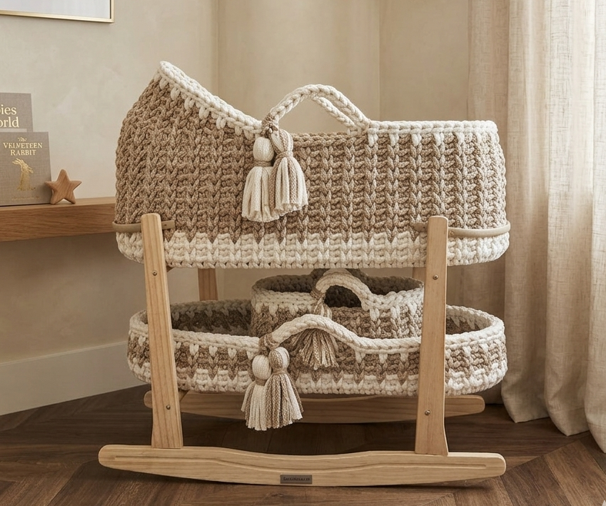 Wooden crib with knitted canopy in a home setting