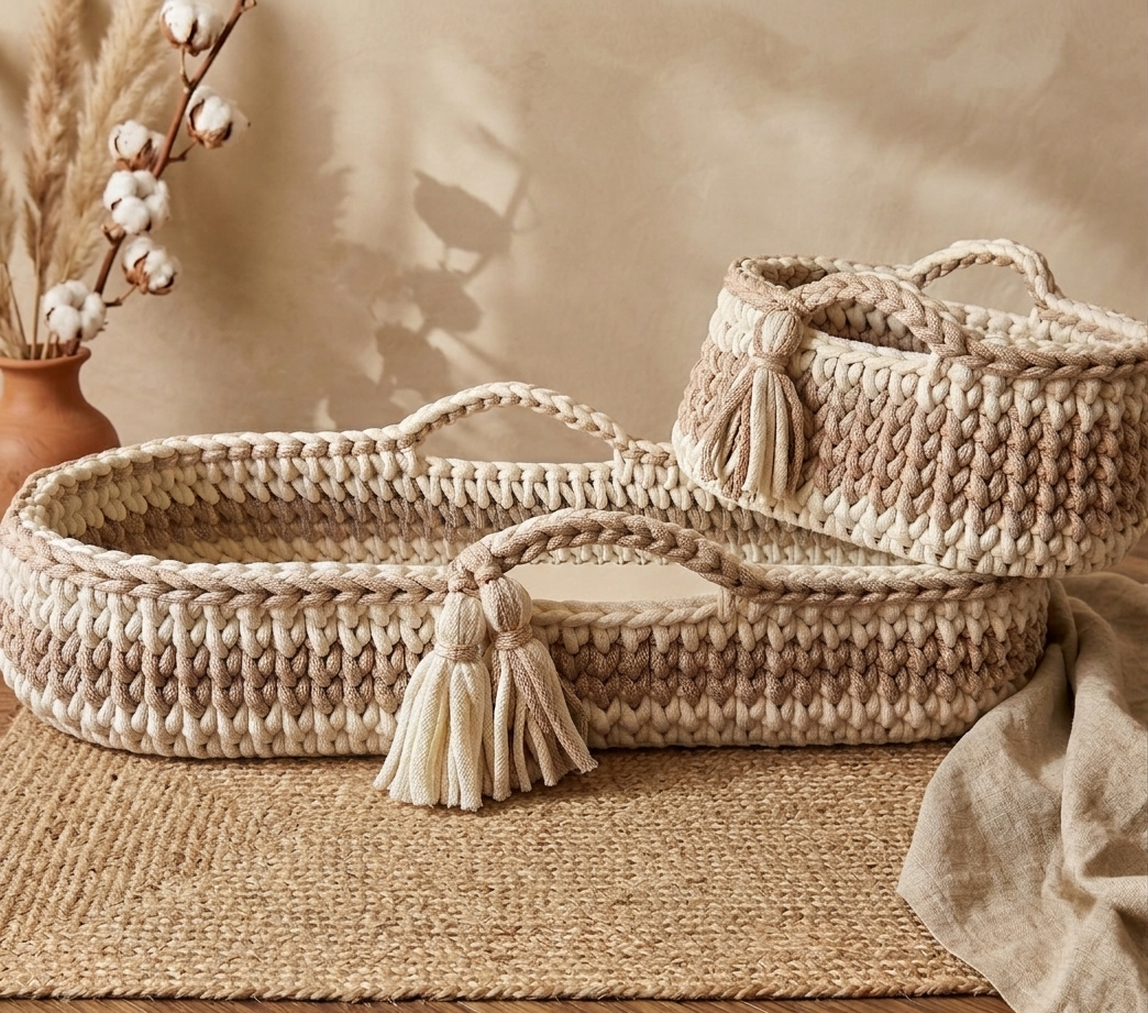 Set of woven baskets with tassels on a neutral background