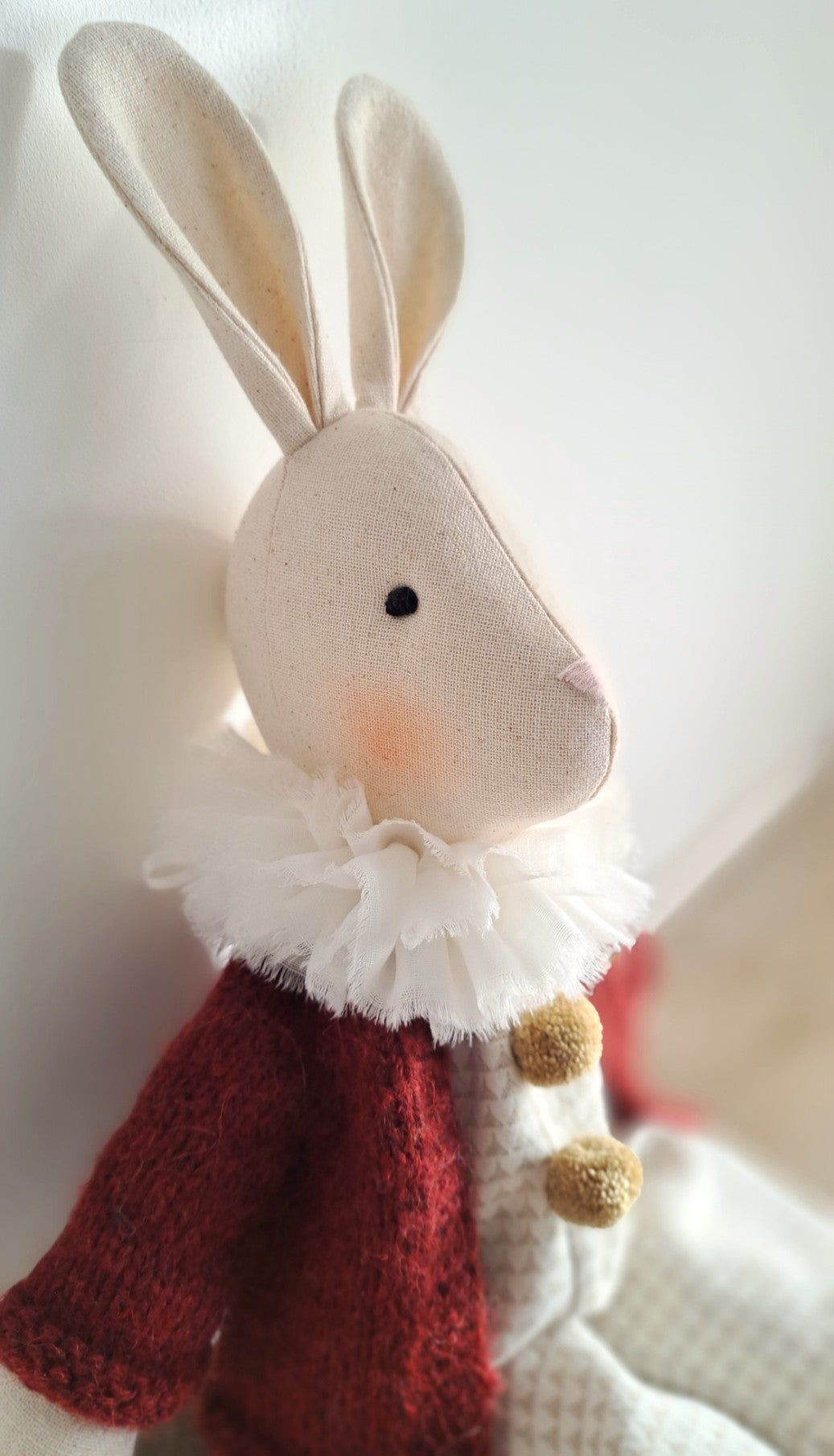Beautiful hand stitched toy rabbit in red cardigan- heirloom baby/toddler gifts.