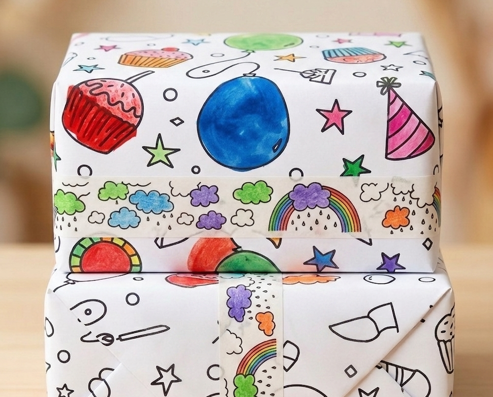 Coloured in wrapping paper and tape party and rainbow themed